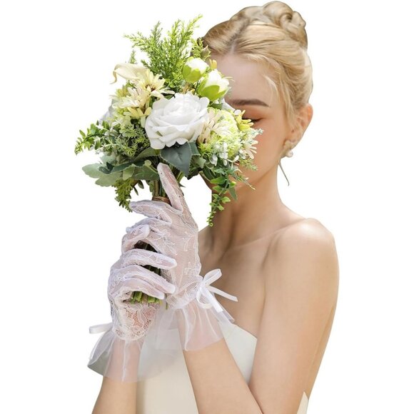 Women's Black Mesh Pearls Bow Short Lace Gloves Elegant Tea Party Party Tulle - Picture 5 of 5